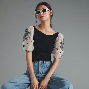 Anthropologie Maeve Silk Puff-Sleeve Sweater Top, M